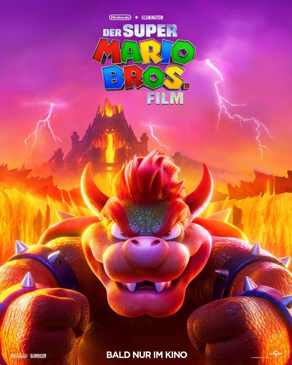 Super Mario Bros. Film  mit Bowser vor einem brennenden Vulkan