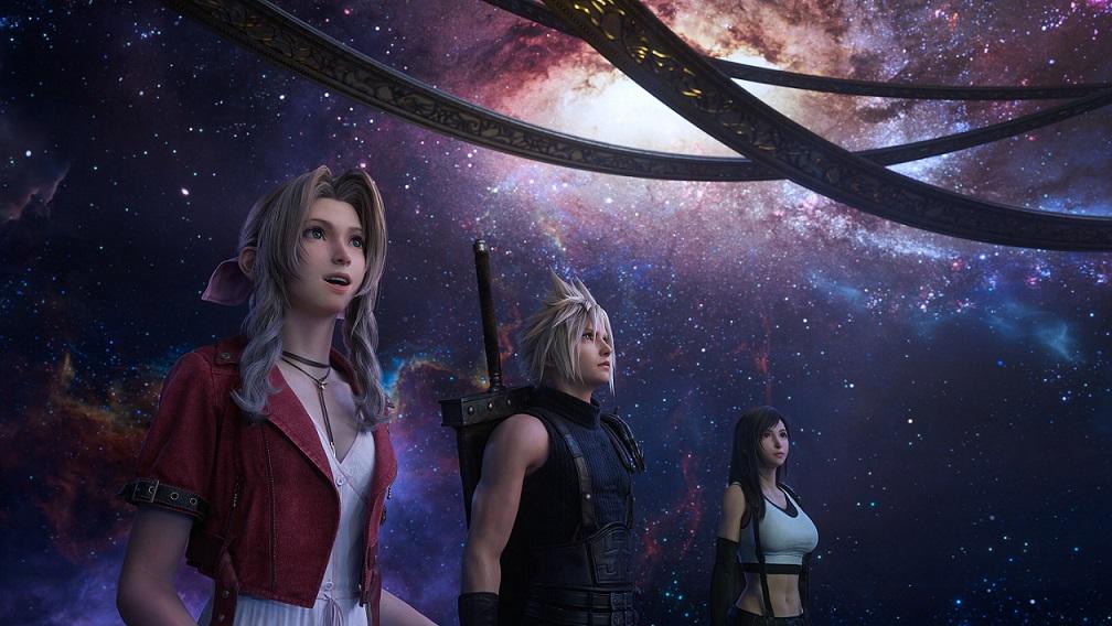 Aerith, Cloud und Tifa in einer Weltallkulisse von Final Fantasy VII Rebirth