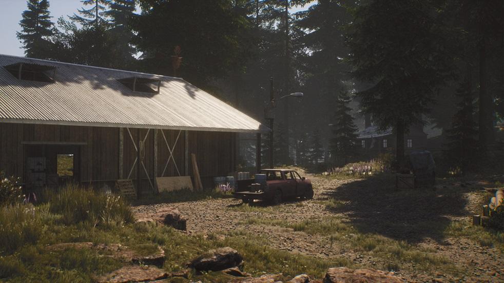 Eine verlassene Scheune im Vordergrund mit einem Pick-up-Wagen davor. Im Hintergrund sieht man zwischen Tannenbäumen eine Blockhütte. Ein Screenshot von The Day Before