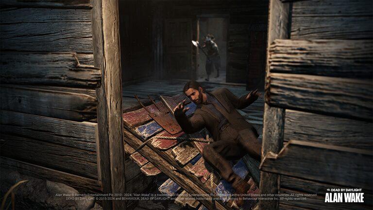 Alan Wake flieht aus einer Holzhütte vor einen Killer in Dead by Daylight