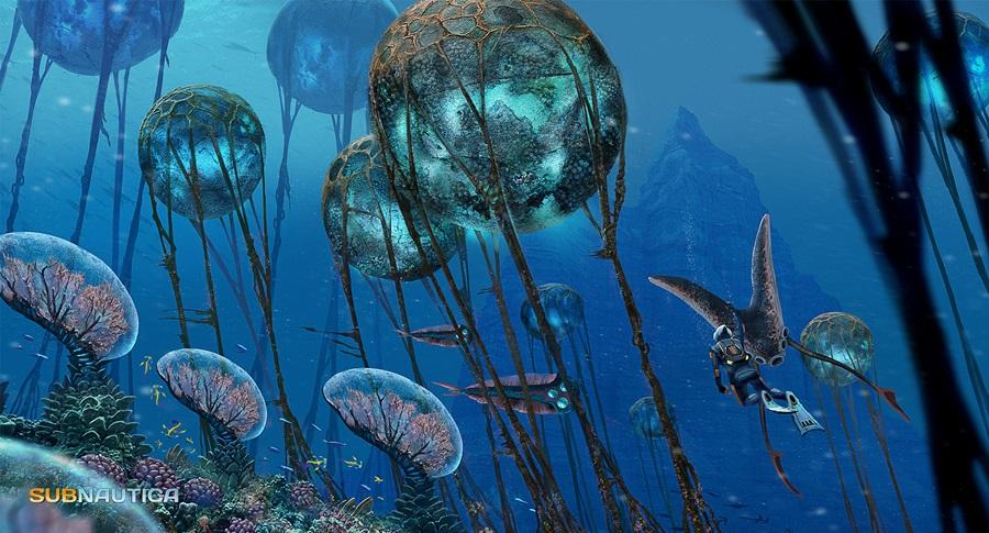 Subnautica Screenshot mit großen Unterwasserpflanzen