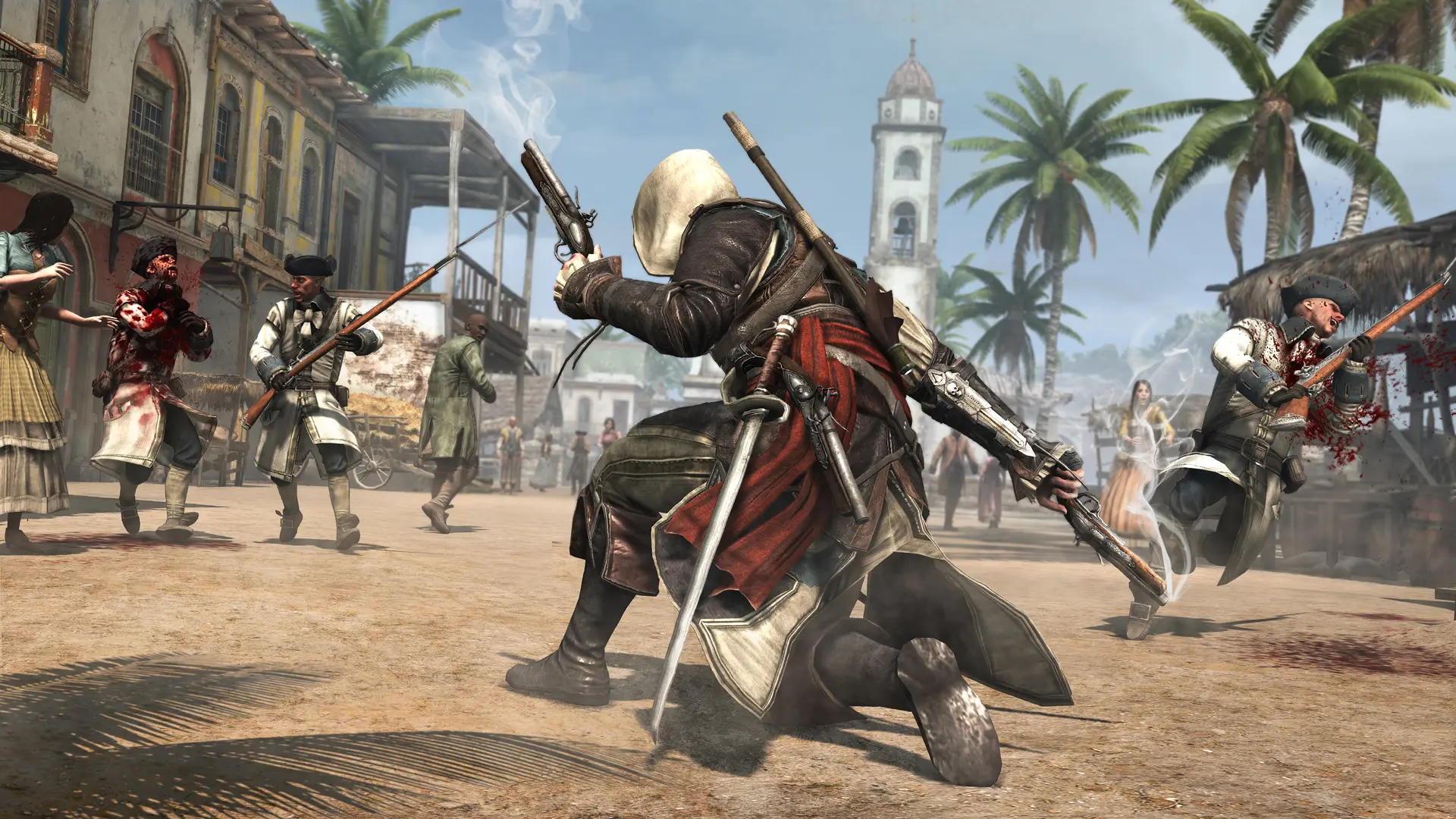 Eine Gameplay-Szene aus Assassin's Creed IV: Black Flag, die einen Kampf zwischen dem Protagonisten und Soldaten zeigt.