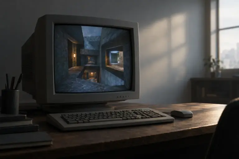 Vintage CRT zeigt einen klassischen Ego-Shooter-Korridor als Symbol für Richard Grays Vermächtnis im Leveldesign.