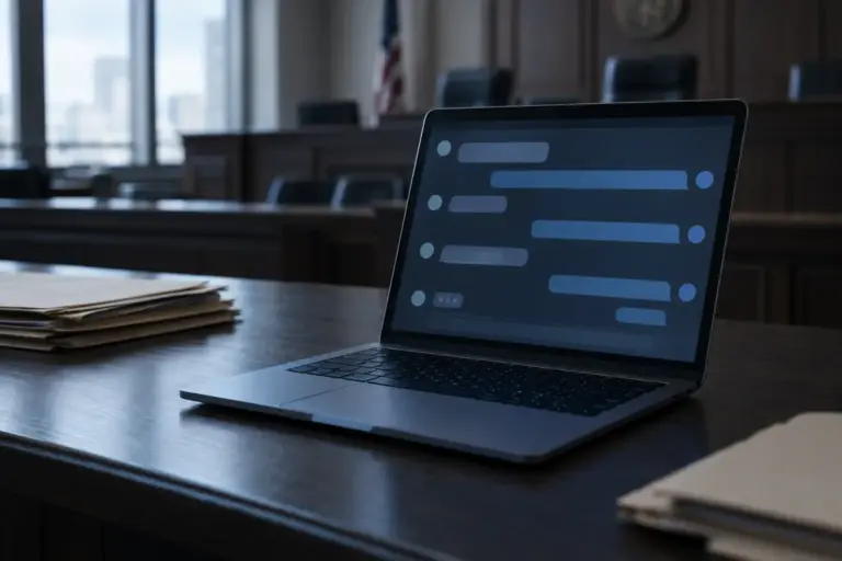 Laptop showing an abstract chat exchange beside legal documents in a labor tribunal setting