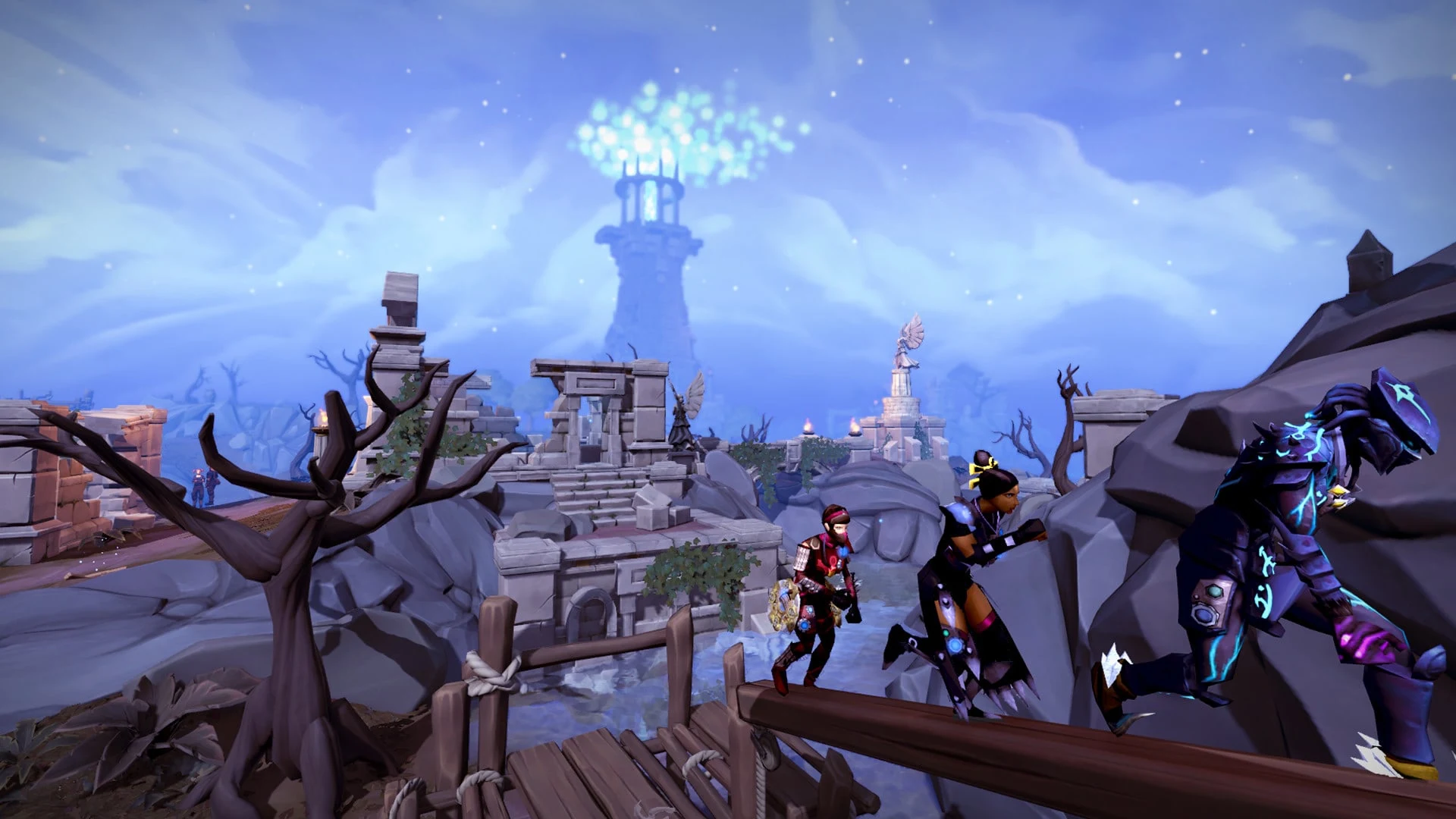 Ein offizieller Screenshot aus RuneScape, der Charaktere in einer fantastischen Landschaft zeigt.