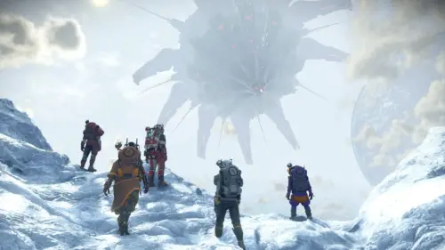 Eine Gruppe von Spielcharakteren in Raumanzügen blickt auf einem verschneiten Planeten auf ein riesiges Raumschiff.
