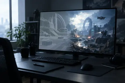 Unfertige Sci-Fi-Spielszene auf einem Entwickler-Monitor symbolisiert die unbefristete Shooter-Verschiebung