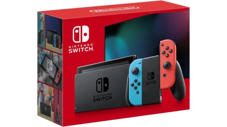 Nintendo Switch Konsole in der Originalverpackung mit neonroten und neonblauen Joy-Cons