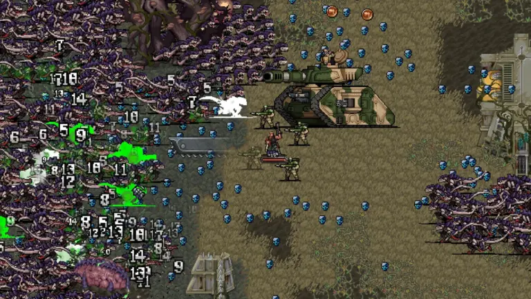 Ein Gameplay-Screenshot aus Warhammer Survivors mit Kämpfen gegen eine Horde von Monstern.