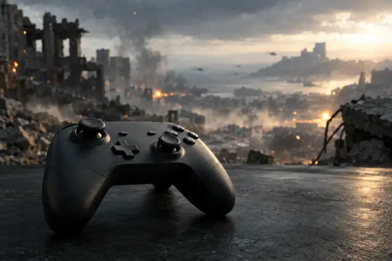 Schwarzer Gamecontroller vor einer atmosphärischen, zerstörten Shooter-Landschaft