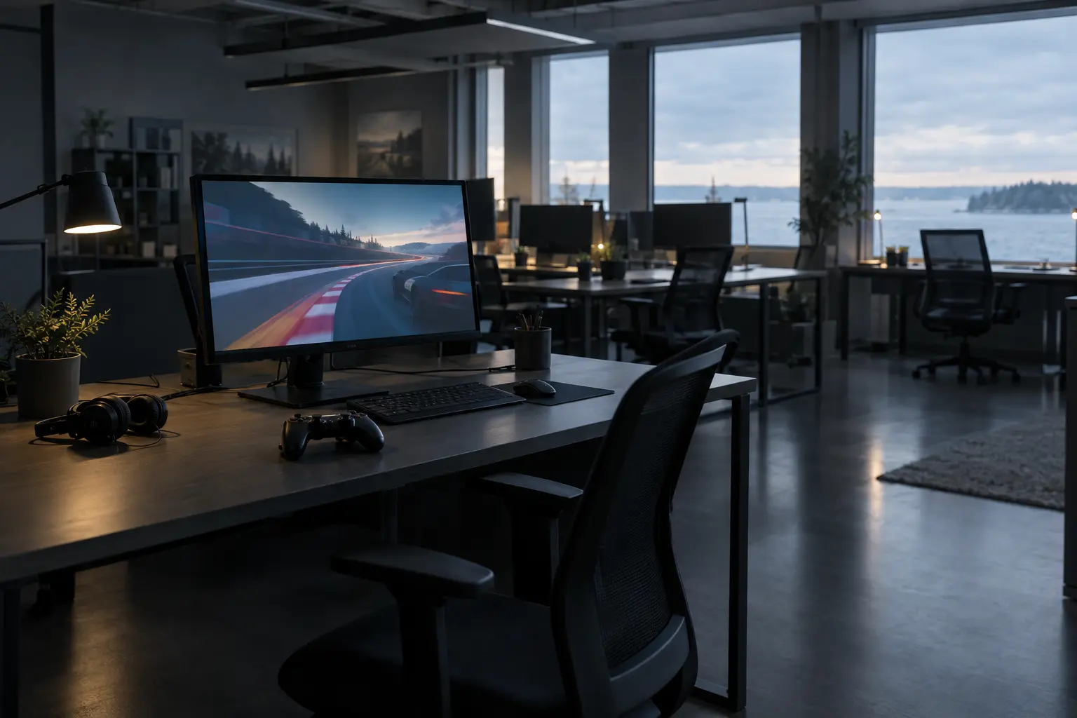 Leeres Spieleentwicklungsstudio mit Arbeitsplatz und Controller als Symbol für die ungewisse RedLynx-Schließung