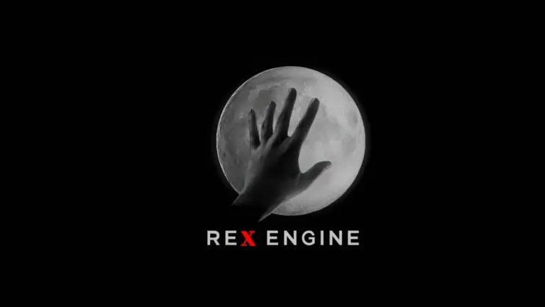 Logo der REX Engine mit einer Hand vor einem Mond auf schwarzem Hintergrund