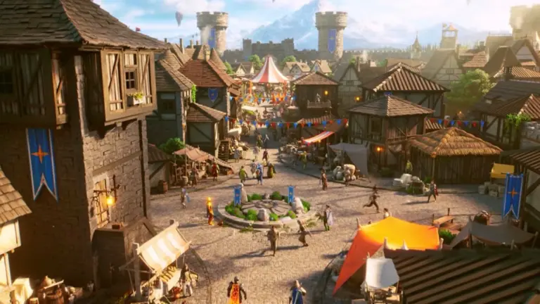 Eine Ansicht einer mittelalterlichen Stadt in RuneScape 4 mit Gebäuden, Marktplätzen und Charakteren.