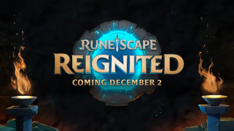 Offizielles Key Art für RuneScape Reignited mit dem Logo vor einem dunklen Hintergrund und zwei brennenden Fackeln.