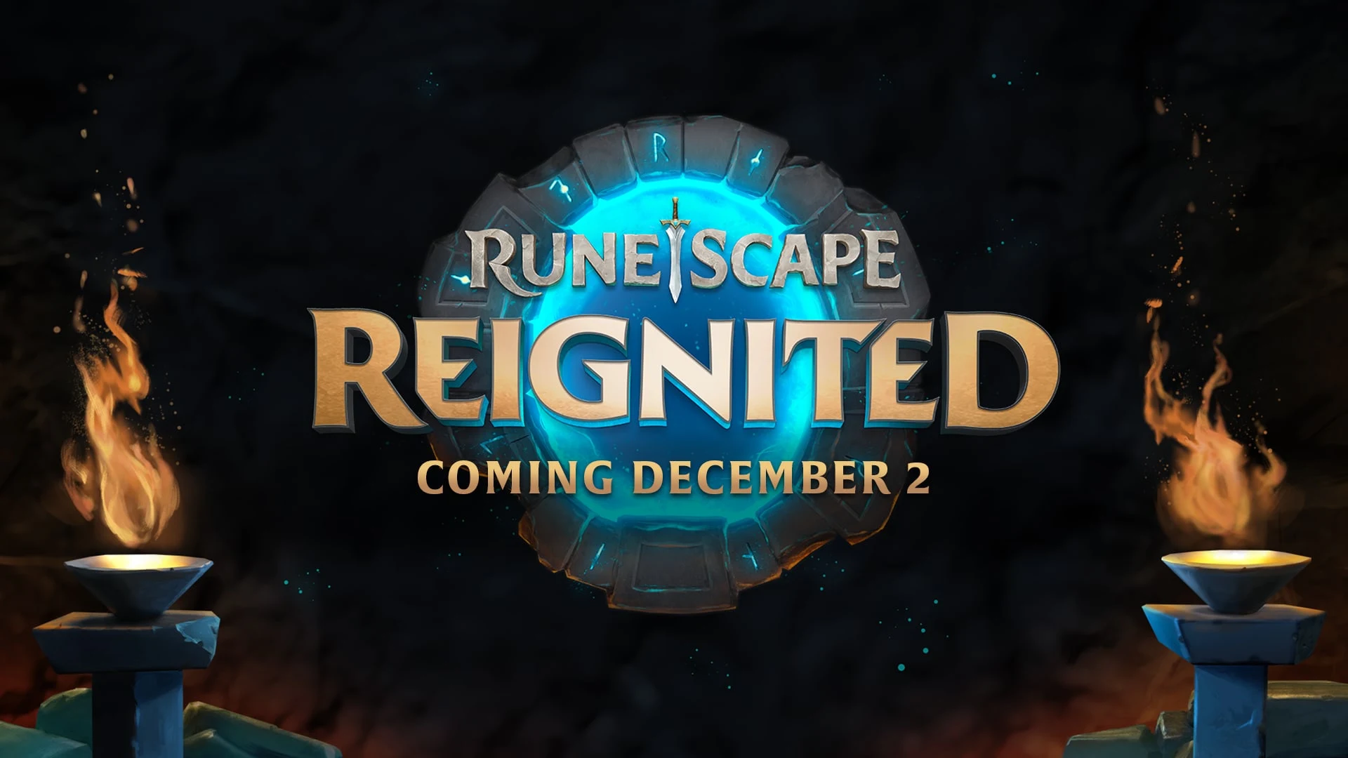 Offizielles Key Art für RuneScape Reignited mit dem Logo vor einem dunklen Hintergrund und zwei brennenden Fackeln.