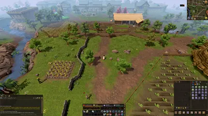Eine Gameplay-Szene aus RuneScape, die einen Charakter auf einem Bauernhof mit verschiedenen Feldern zeigt.