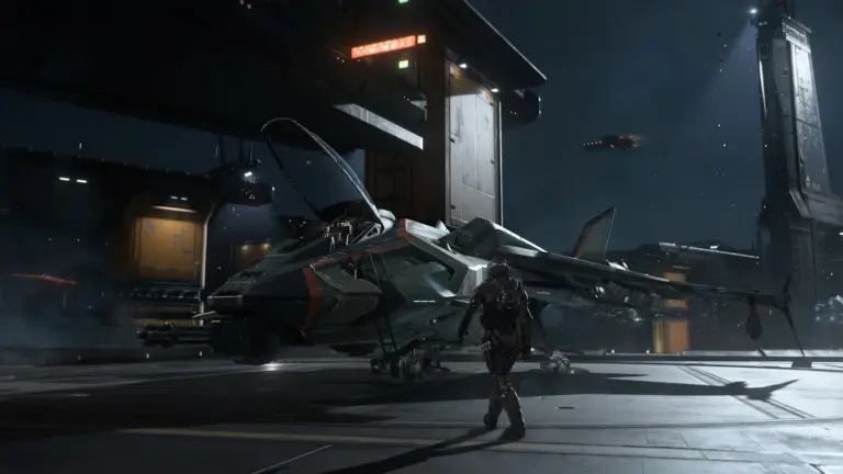 Ein Raumschiff und ein Pilot auf einer futuristischen Startrampe in Squadron 42.