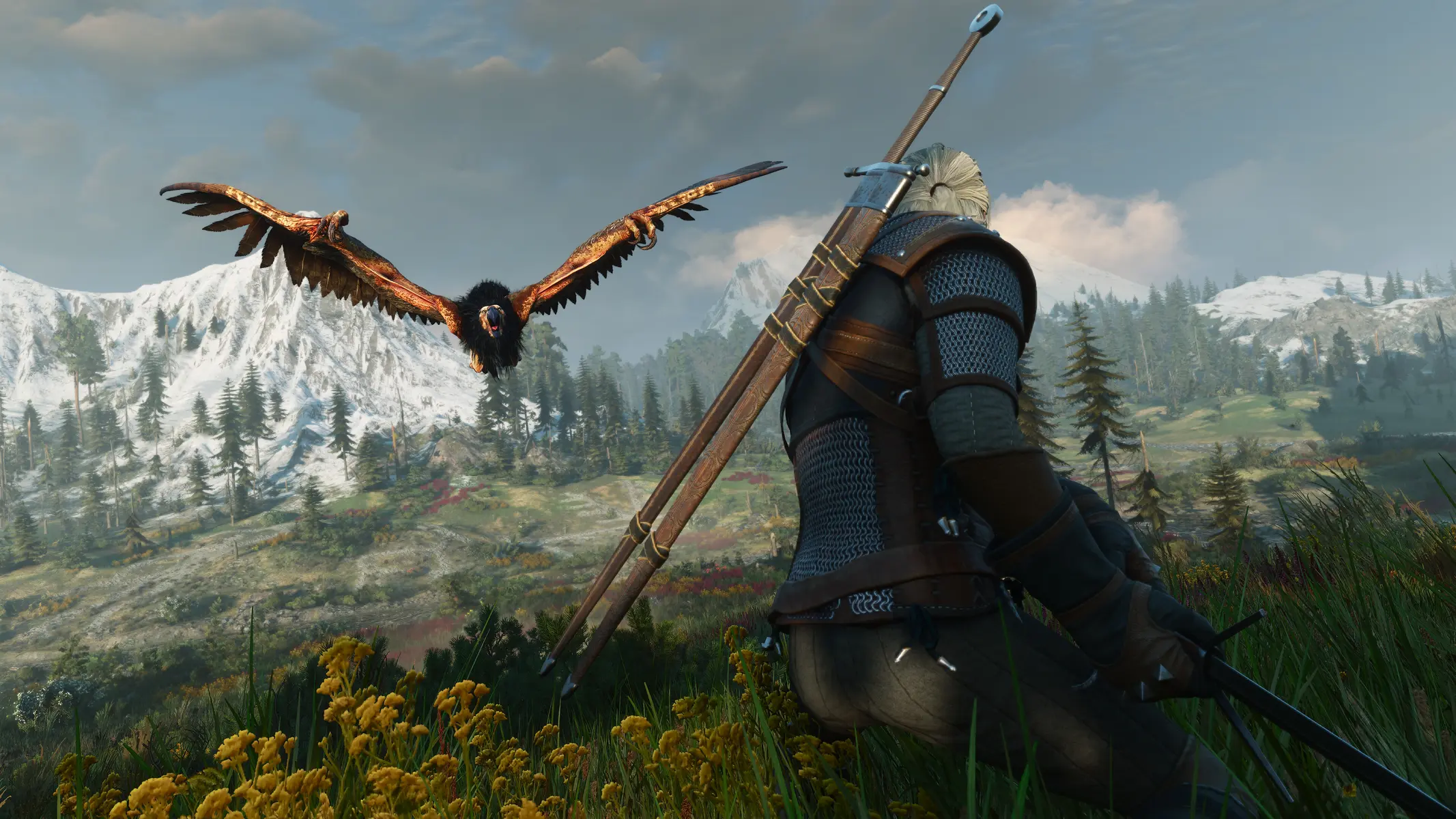 Geralt von Riva steht in einer Berglandschaft, während ein großer Greif über ihn hinwegfliegt.