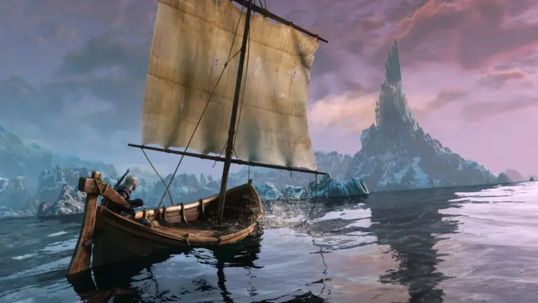 Ein Screenshot aus The Witcher 3: Wild Hunt, der Geralt in einem kleinen Boot vor einer verschneiten Berglandschaft zeigt.