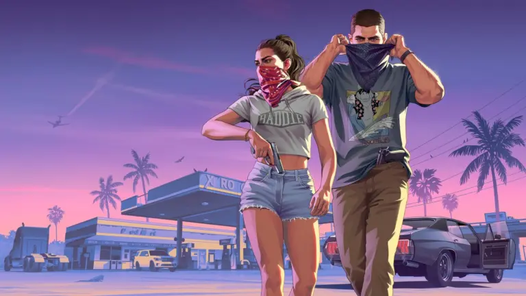Offizielles Key-Art von Grand Theft Auto VI mit zwei Hauptcharakteren vor einer Tankstelle bei Sonnenuntergang.