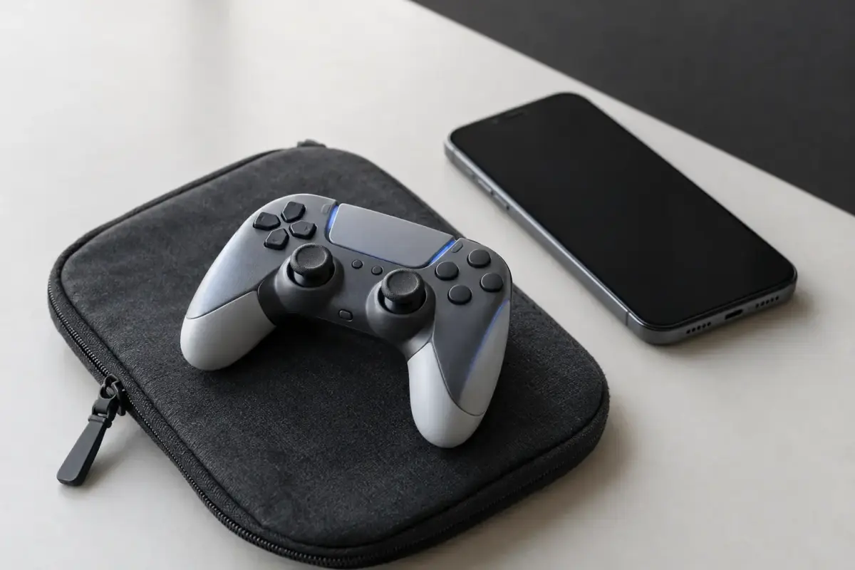 Kompakter Gaming-Controller neben einem Smartphone für mobiles Spielen unterwegs