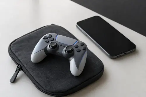 Kompakter Gaming-Controller neben einem Smartphone für mobiles Spielen unterwegs