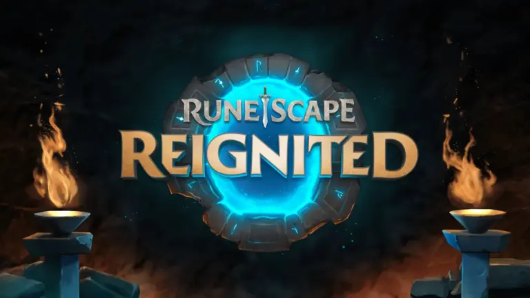 Logo von RuneScape Reignited vor einem leuchtend blauen Portal und brennenden Fackeln.